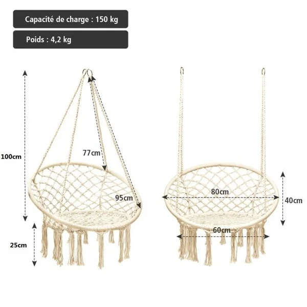 Chaise Suspendue 1 Place pour Jardin Balcon 2 Anneaux et Cordes Capacité 150 KG en Coton et Acier 80x60x125 cm