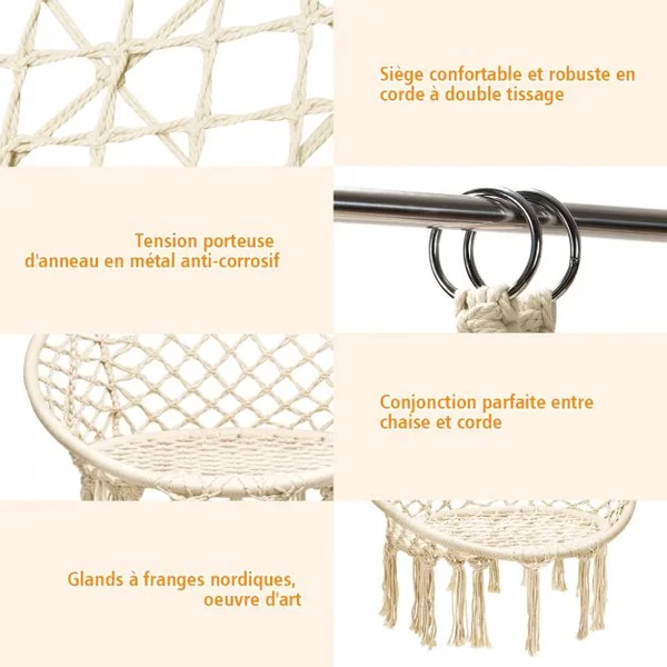 Chaise Suspendue 1 Place pour Jardin Balcon 2 Anneaux et Cordes Capacité 150 KG en Coton et Acier 80x60x125 cm