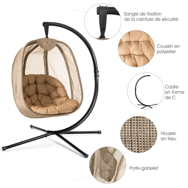 Chaise Suspendue avec Support avec Grand Coussin Confortable Support en Acier Base en X Stable Charge max : 110 kg