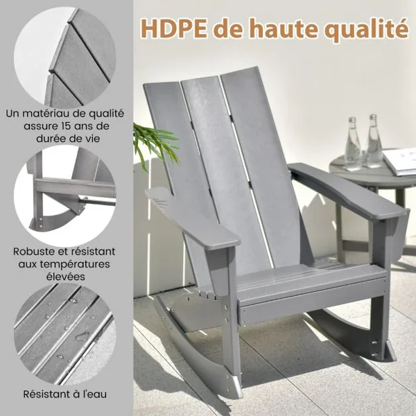 Chaise à Bascule Adirondack en HDPE Charge 150 kg, Fauteuil avec Accoudoir et Dossier Résistant aux intempéries Gris