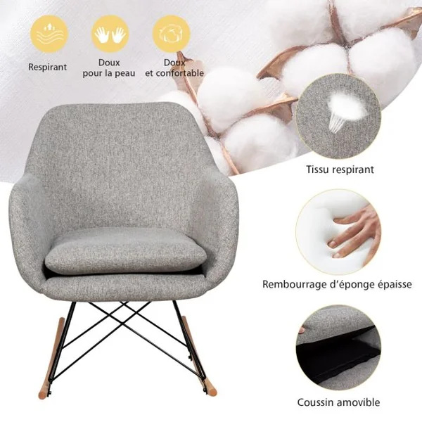 Chaise à Bascule d'Appoint Chaise d'Appoint à Bascule Dossier Ergonomique Haut Accoudoirs en Bois de Hêtre Massif Coussin de Siège Rembourré Gris