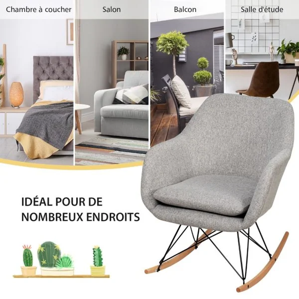 Chaise à Bascule d'Appoint Chaise d'Appoint à Bascule Dossier Ergonomique Haut Accoudoirs en Bois de Hêtre Massif Coussin de Siège Rembourré Gris