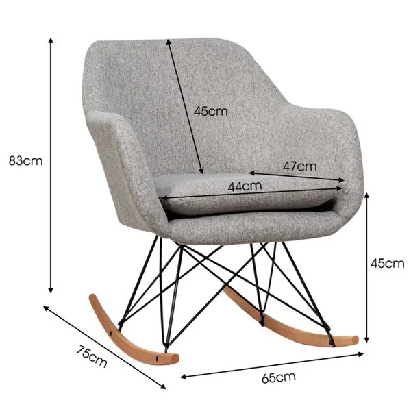 Chaise à Bascule d'Appoint Chaise d'Appoint à Bascule Dossier Ergonomique Haut Accoudoirs en Bois de Hêtre Massif Coussin de Siège Rembourré Gris