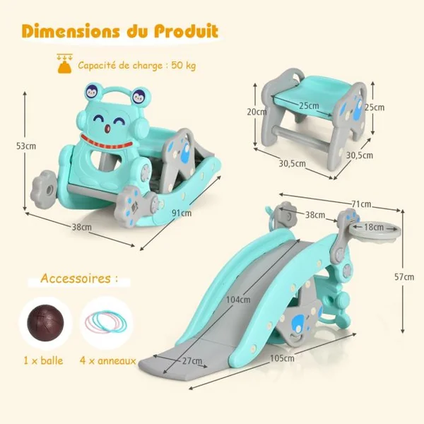 Chaise à Bascule et Toboggan 4 en 1 avec Toboggan Panier de Basket-ball et Jeu de Lancer d'Anneaux pour enfants avec Balancement/Escalade/Toboggan Bleu