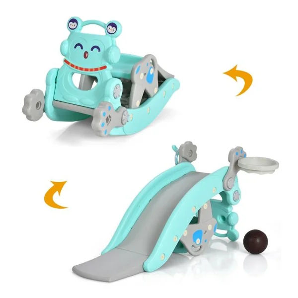 Chaise à Bascule et Toboggan 4 en 1 avec Toboggan Panier de Basket-ball et Jeu de Lancer d'Anneaux pour enfants avec Balancement/Escalade/Toboggan Bleu