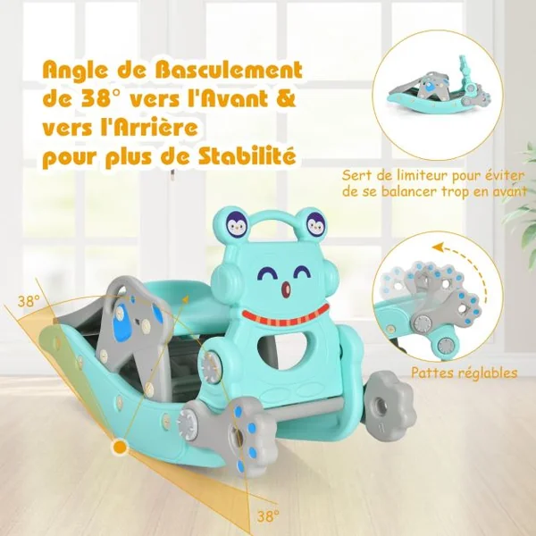 Chaise à Bascule et Toboggan 4 en 1 avec Toboggan Panier de Basket-ball et Jeu de Lancer d'Anneaux pour enfants avec Balancement/Escalade/Toboggan Bleu