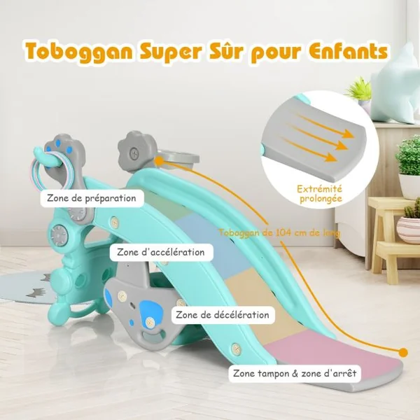 Chaise à Bascule et Toboggan 4 en 1 avec Toboggan Panier de Basket-ball et Jeu de Lancer d'Anneaux pour enfants avec Balancement/Escalade/Toboggan Bleu