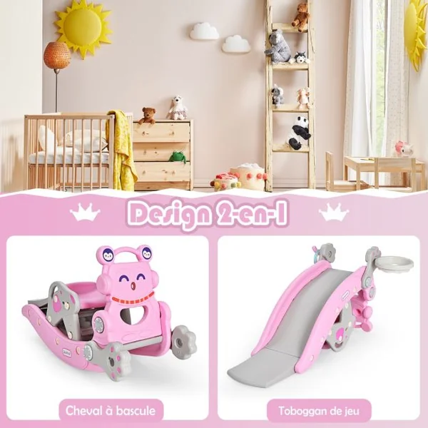 Chaise à Bascule et Toboggan 4 en 1 avec Toboggan Panier de Basket-ball et Jeu de Lancer d'Anneaux pour enfants avec Balancement/Escalade/Toboggan Rose