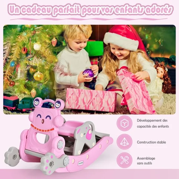 Chaise à Bascule et Toboggan 4 en 1 avec Toboggan Panier de Basket-ball et Jeu de Lancer d'Anneaux pour enfants avec Balancement/Escalade/Toboggan Rose