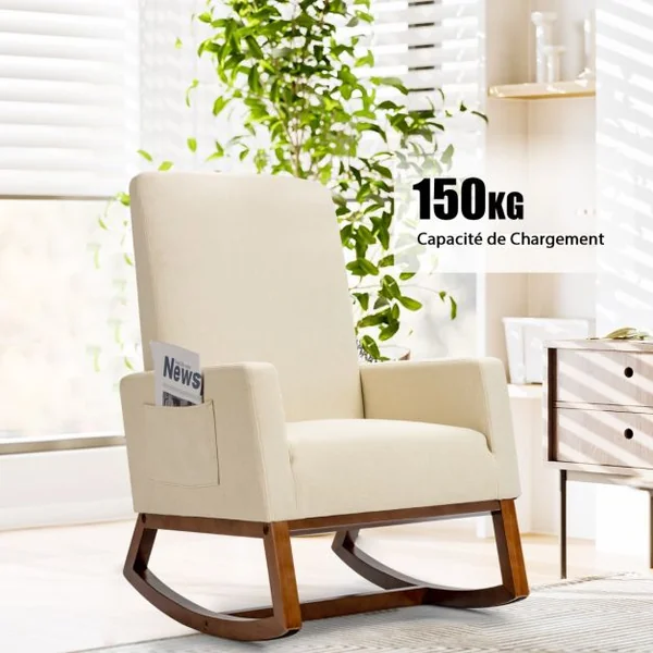 Chaise à Bascule Moderne Fauteuil en Tissu Rembourré Base en Bois d'Hévéa Siège Rembourré en Lin Dossier Haut Poche Latérale Chaise Beige
