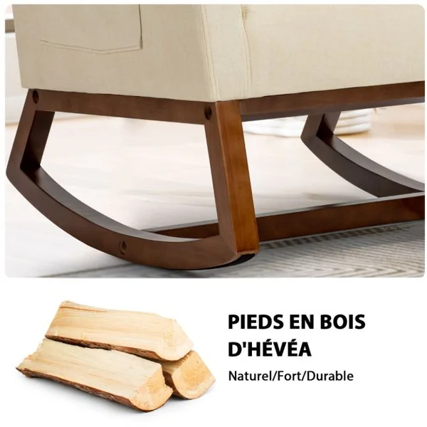 Chaise à Bascule Moderne Fauteuil en Tissu Rembourré Base en Bois d'Hévéa Siège Rembourré en Lin Dossier Haut Poche Latérale Chaise Beige