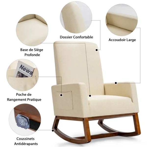 Chaise à Bascule Moderne Fauteuil en Tissu Rembourré Base en Bois d'Hévéa Siège Rembourré en Lin Dossier Haut Poche Latérale Chaise Beige