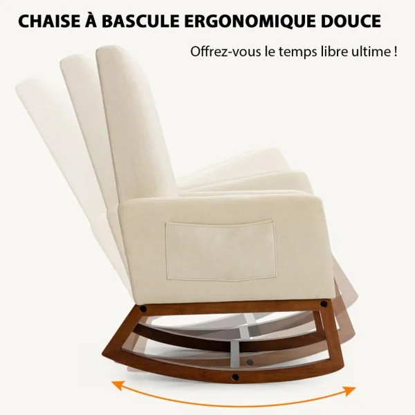 Chaise à Bascule Moderne Fauteuil en Tissu Rembourré Base en Bois d'Hévéa Siège Rembourré en Lin Dossier Haut Poche Latérale Chaise Beige