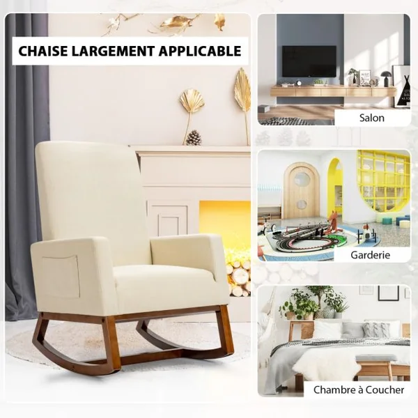 Chaise à Bascule Moderne Fauteuil en Tissu Rembourré Base en Bois d'Hévéa Siège Rembourré en Lin Dossier Haut Poche Latérale Chaise Beige