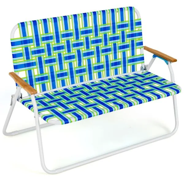 Chaise/Fauteuil de Camping Pliante 2 places Charge 300KG Banc d'Extérieur avec Accoudoir et Dossier pour Plage Pique-nique Bleu
