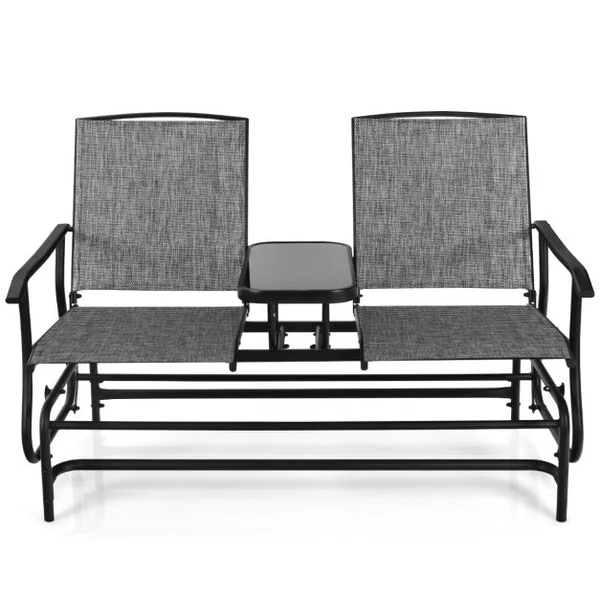 Chaise/Fauteuil à Bascule de Jardin Extérieur pour 2 Personnes avec Table Centrale en Verre Trempé Charge Total 240KG Gris