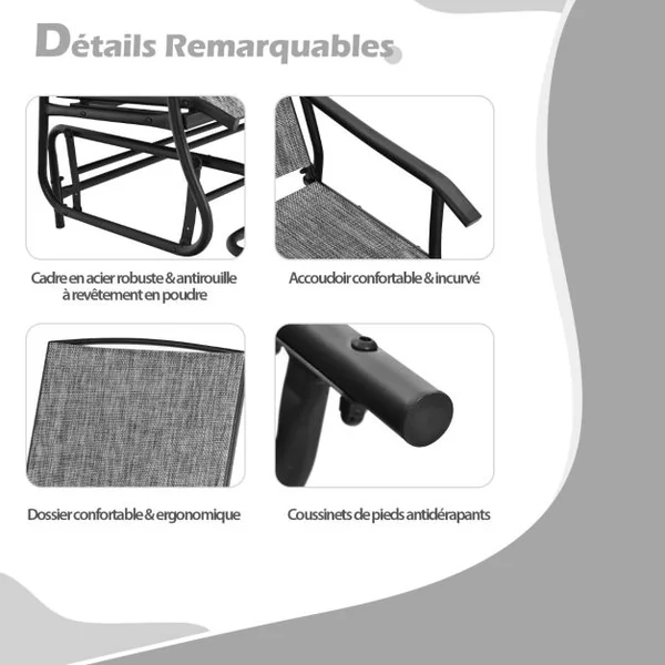 Chaise/Fauteuil à Bascule de Jardin Extérieur pour 2 Personnes avec Table Centrale en Verre Trempé Charge Total 240KG Gris