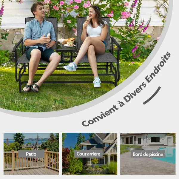 Chaise/Fauteuil à Bascule de Jardin Extérieur pour 2 Personnes avec Table Centrale en Verre Trempé Charge Total 240KG Gris