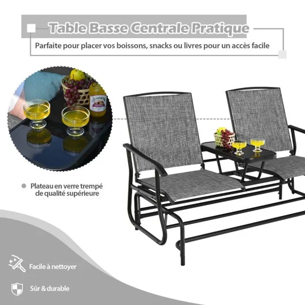Chaise/Fauteuil à Bascule de Jardin Extérieur pour 2 Personnes avec Table Centrale en Verre Trempé Charge Total 240KG Gris