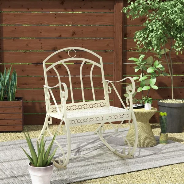 Chaise/Fauteuil à Bascule en Métal Rocking Chair avec Dossier et Accoudoirs Charge150 kg pour Intérieur/Extérieur Blanc