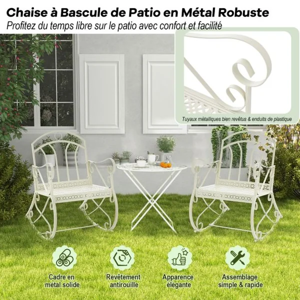 Chaise/Fauteuil à Bascule en Métal Rocking Chair avec Dossier et Accoudoirs Charge150 kg pour Intérieur/Extérieur Blanc