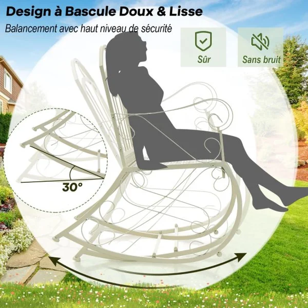 Chaise/Fauteuil à Bascule en Métal Rocking Chair avec Dossier et Accoudoirs Charge150 kg pour Intérieur/Extérieur Blanc