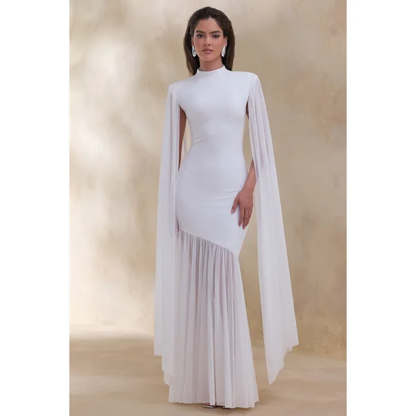 Chantelle | Robe longue blanche à col montant avec taille basse et manches cape