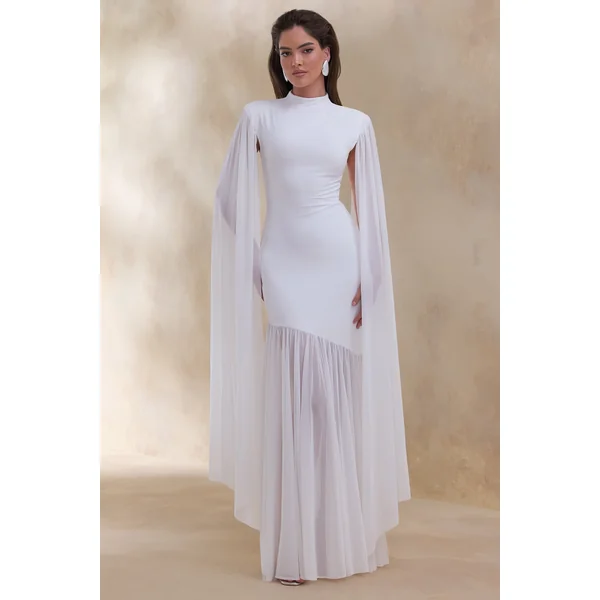 Chantelle | Robe longue blanche à col montant avec taille basse et manches cape