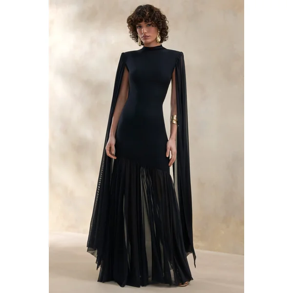 Chantelle | Robe longue noire à col montant avec taille basse et manches cape