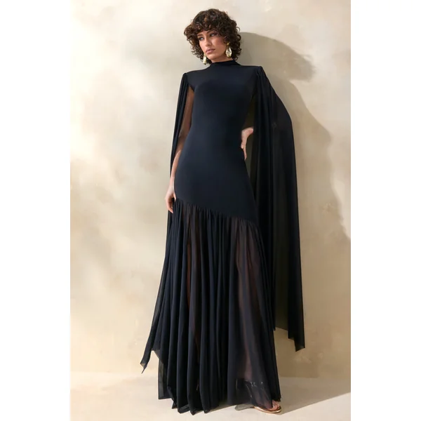 Chantelle | Robe longue noire à col montant avec taille basse et manches cape
