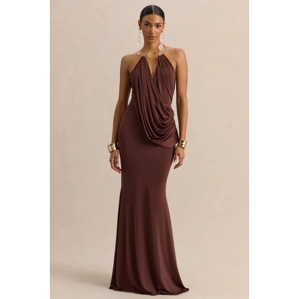 Chanterra | Robe longue marron à encolure dos nu avec détails drapés