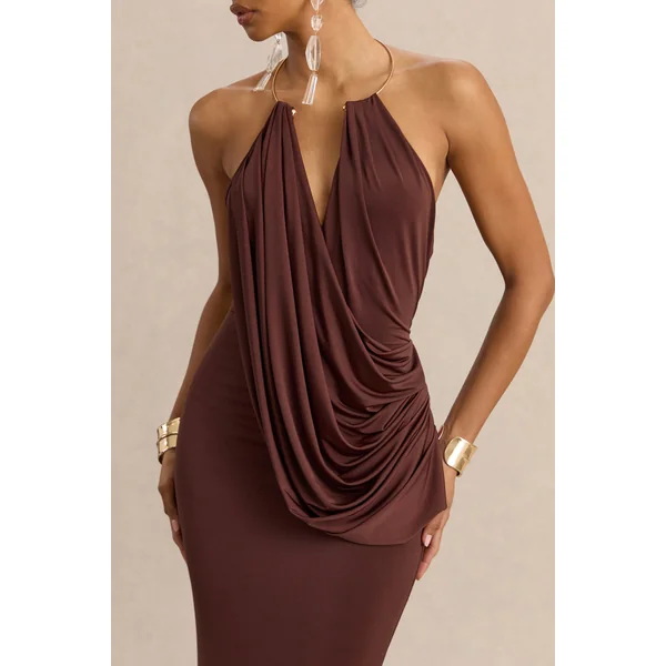 Chanterra | Robe longue marron à encolure dos nu avec détails drapés