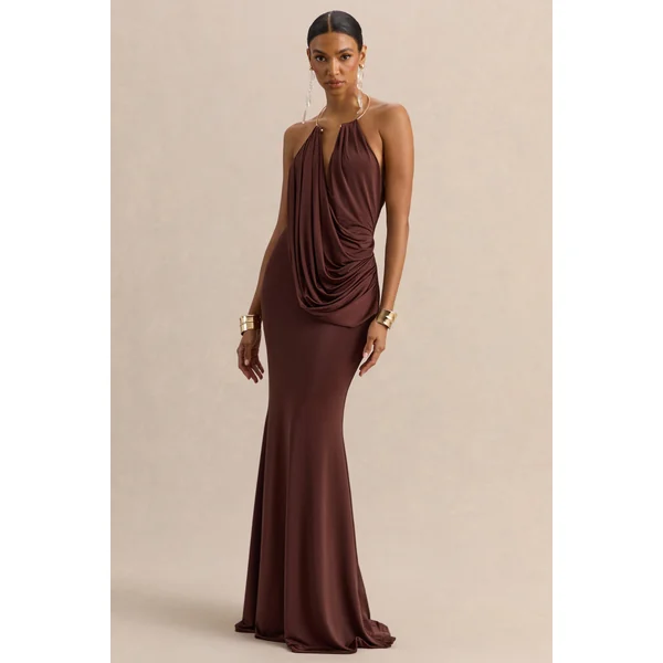 Chanterra | Robe longue marron à encolure dos nu avec détails drapés