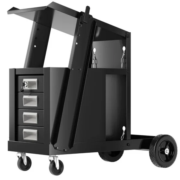Chariot d'Atelier de Soudage à 4 Tiroirs avec Stockage de Réservoir Chariot à Outils avec Chaîne de Sécurité Charge 45 KG Noir