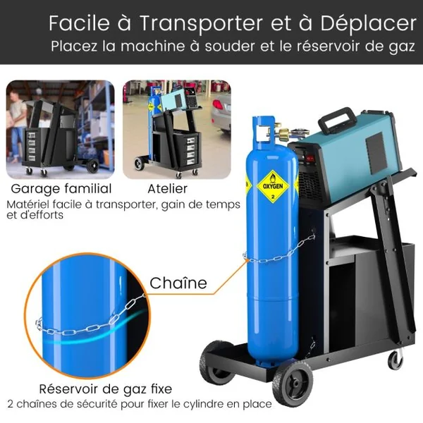 Chariot d'Atelier de Soudage à 4 Tiroirs avec Stockage de Réservoir Chariot à Outils avec Chaîne de Sécurité Charge 45 KG Noir