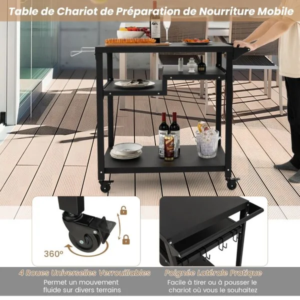 Chariot de Barbecue d'Extérieur à 3 Étagères Desserte de Jardin avec 4 Roues Verrouillables Crochets et Poignée Latérale Table de Four à Pizza Noir