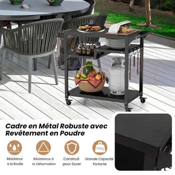 Chariot de Barbecue d'Extérieur à 3 Étagères Desserte de Jardin avec 4 Roues Verrouillables Crochets et Poignée Latérale Table de Four à Pizza Noir