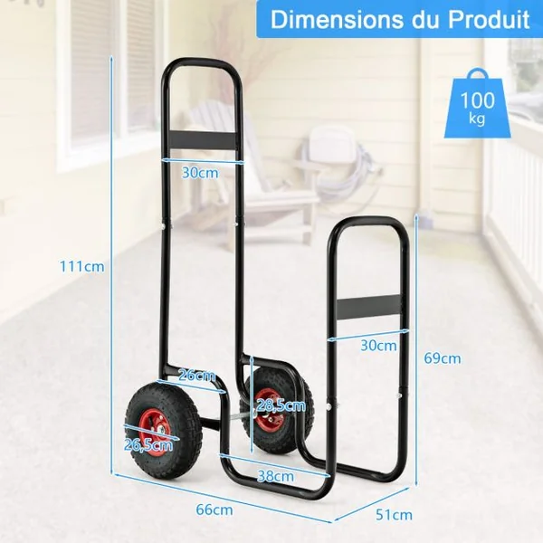 Chariot de Bûches Charge 136 KG avec 2 Roues en Caoutchouc