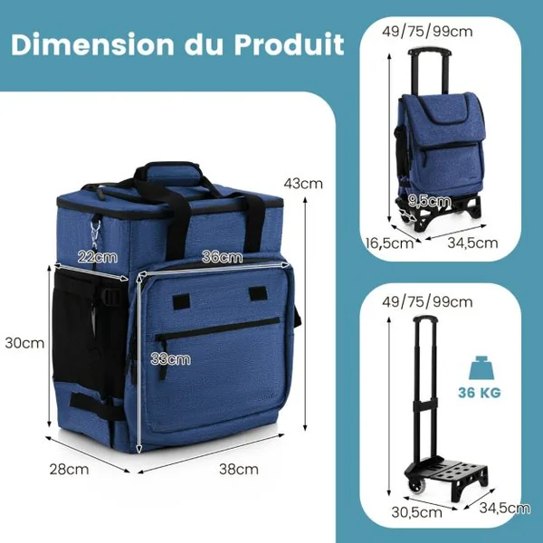 Chariot de Courses 40 L avec Sac Isotherme Étanche Poignée Extensible 2 Roues pour Camping Pique-niques Shopping Bleu