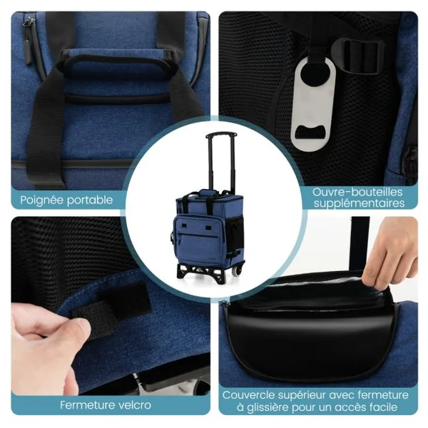 Chariot de Courses 40 L avec Sac Isotherme Étanche Poignée Extensible 2 Roues pour Camping Pique-niques Shopping Bleu