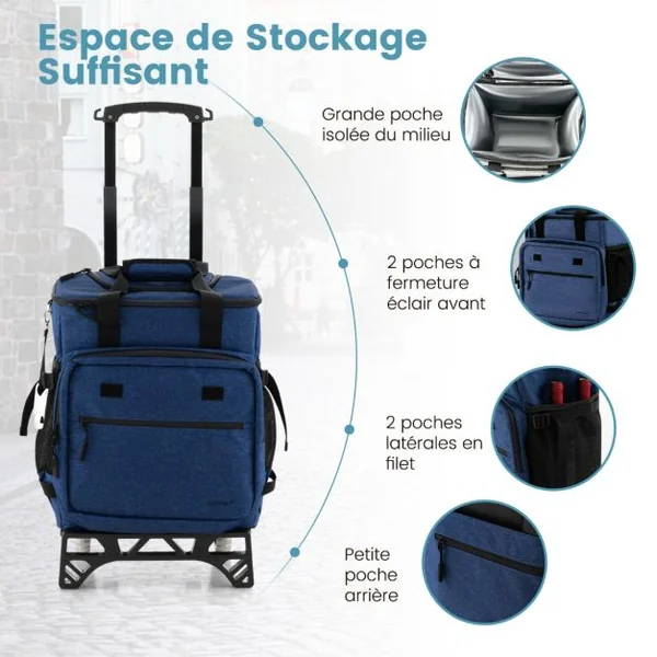 Chariot de Courses 40 L avec Sac Isotherme Étanche Poignée Extensible 2 Roues pour Camping Pique-niques Shopping Bleu