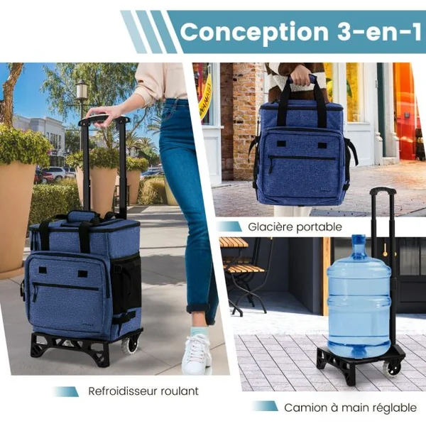 Chariot de Courses 40 L avec Sac Isotherme Étanche Poignée Extensible 2 Roues pour Camping Pique-niques Shopping Bleu