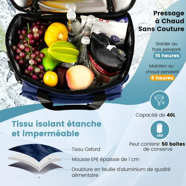 Chariot de Courses 40 L avec Sac Isotherme Étanche Poignée Extensible 2 Roues pour Camping Pique-niques Shopping Bleu