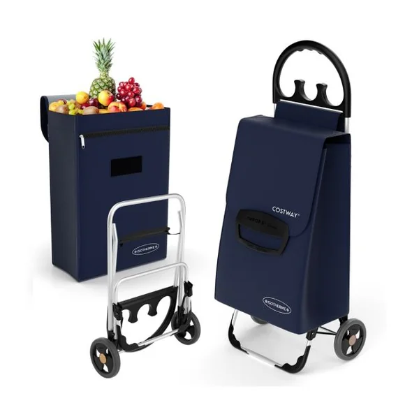 Chariot de Courses en Aluminium Portable Chariot à Roulettes EVA Tout-terrain 70L et Poche Isolante Chariot Polyvalent