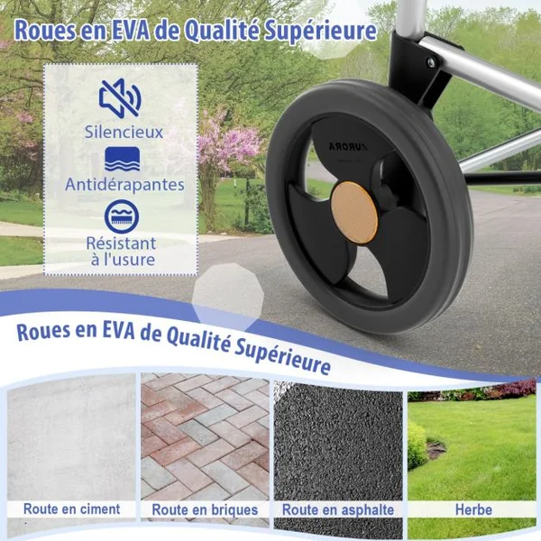 Chariot de Courses en Aluminium Portable Chariot à Roulettes EVA Tout-terrain 70L et Poche Isolante Chariot Polyvalent