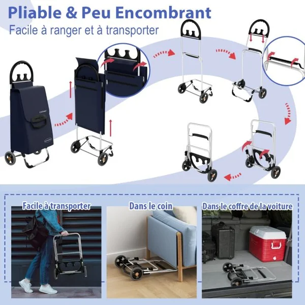 Chariot de Courses en Aluminium Portable Chariot à Roulettes EVA Tout-terrain 70L et Poche Isolante Chariot Polyvalent