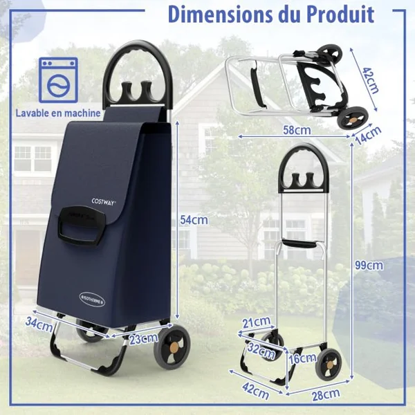 Chariot de Courses en Aluminium Portable Chariot à Roulettes EVA Tout-terrain 70L et Poche Isolante Chariot Polyvalent