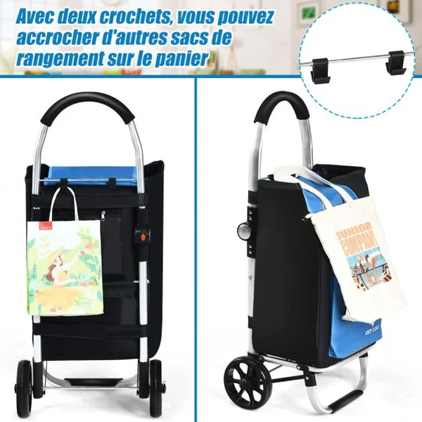 Chariot de Courses Pliable 53L 2 Roues et Grand Sac de Courses Détachable Emplacement pour Garder la Température