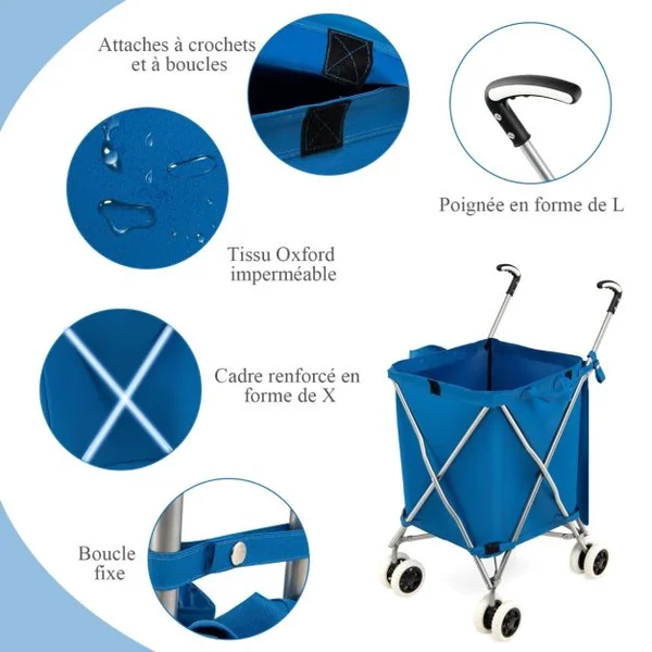 Chariot de Courses Pliable 90L 4 Roues Freinage et Direction à 360° Cadre en Acier en Forme de X Charge max.: 54 KG Bleu/Noir/Rouge/Rose/Gris