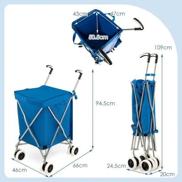 Chariot de Courses Pliable 90L 4 Roues Freinage et Direction à 360° Cadre en Acier en Forme de X Charge max.: 54 KG Bleu/Noir/Rouge/Rose/Gris